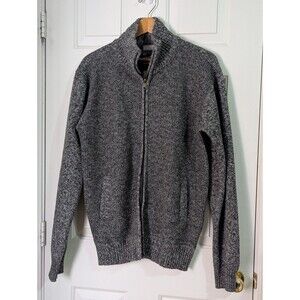 Flannel Lined Waffle Knit Sweater Jacket Mens Large Dark Gary Full Zip Pockets